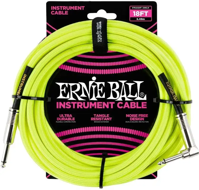 Ernie Ball 6085 - 5,5m Flätad Neongul Instrumentkabel Tele/Tele Rabatter